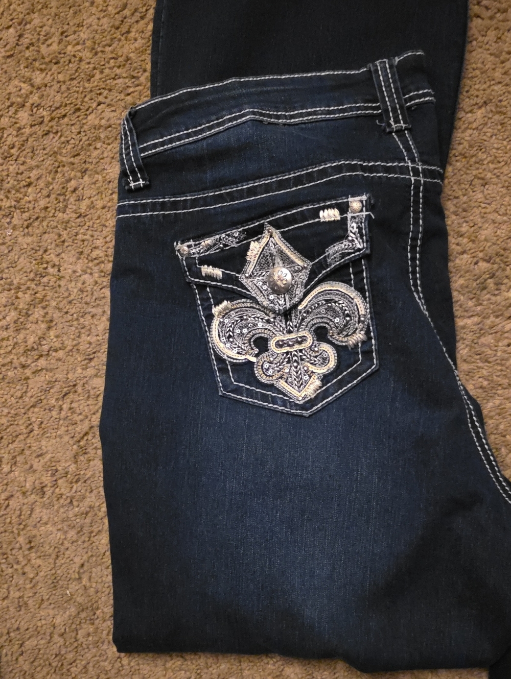 ZCO Dark Blue Skinny Jeans with Silver Embroidered Fleur-de-Lis Pocket
